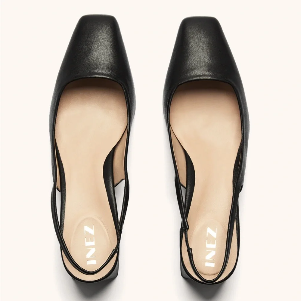 INEZ Black Slingback Square-Toe Heels